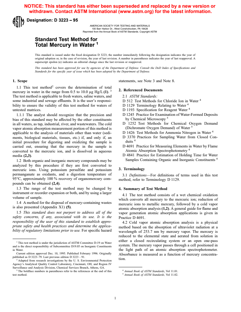 ASTM D3223-95 - Standard Test Method for Total Mercury in Water