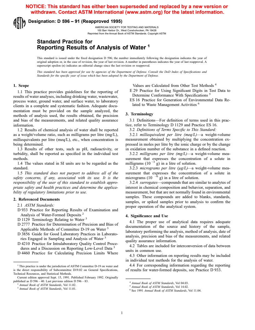 ASTM D596-91(1995) - Standard Guide for Reporting Results of Analysis of Water