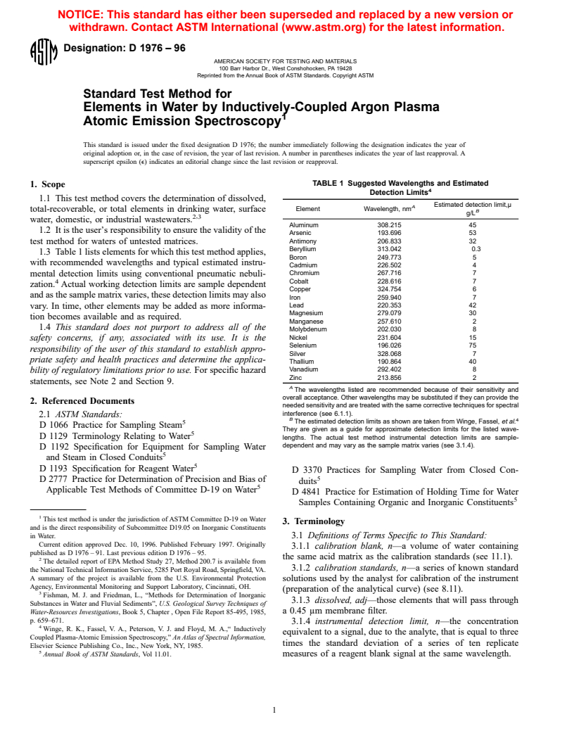 ASTM D1976-96 - Standard Test Method for Elements in Water by Inductively-Coupled Argon Plasma Atomic Emission Spectroscopy