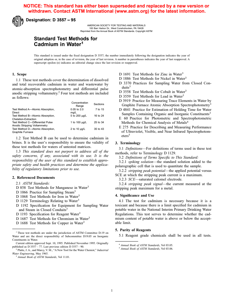 ASTM D3557-95 - Standard Test Methods for Cadmium in Water