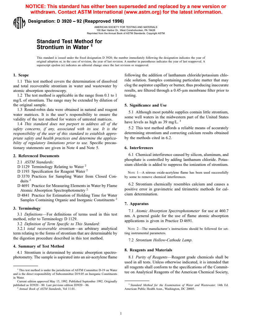 ASTM D3920-92(1996) - Standard Test Method for Strontium in Water