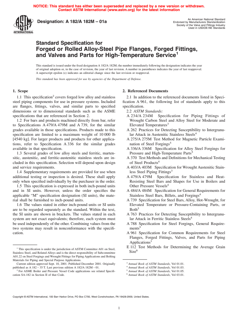 ASTM A182/A182M-01a - Standard Specification for Forged or Rolled Alloy-Steel Pipe Flanges, Forged Fittings, and Valves and Parts for High-Temperature Service