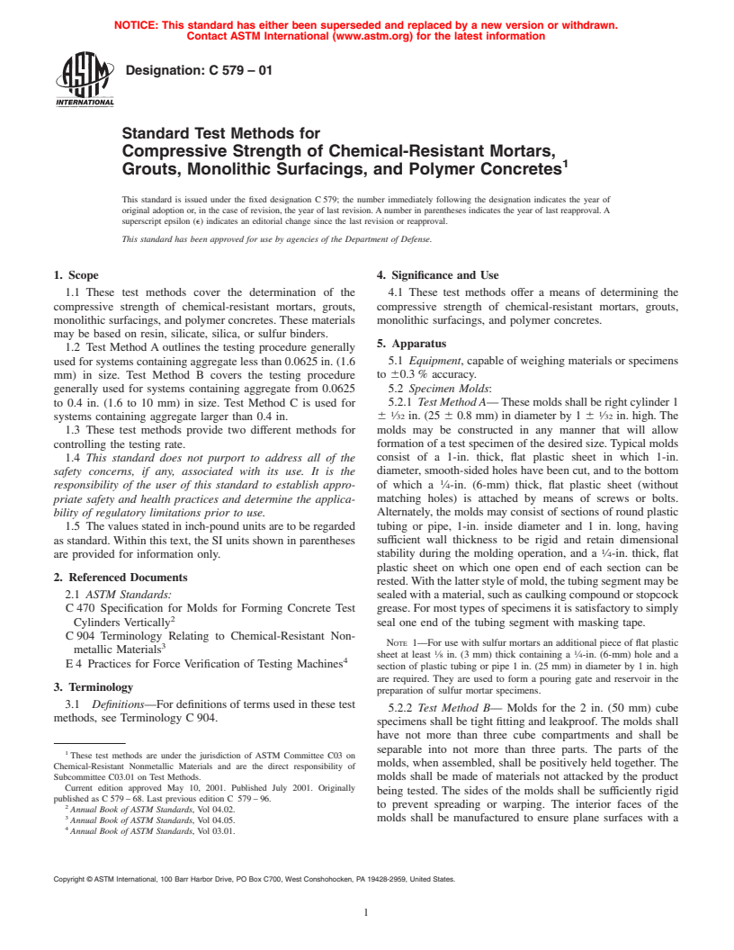 ASTM C579-01 - Standard Test Methods for Compressive Strength of Chemical-Resistant Mortars, Grouts, Monolithic Surfacings and Polymer Concretes