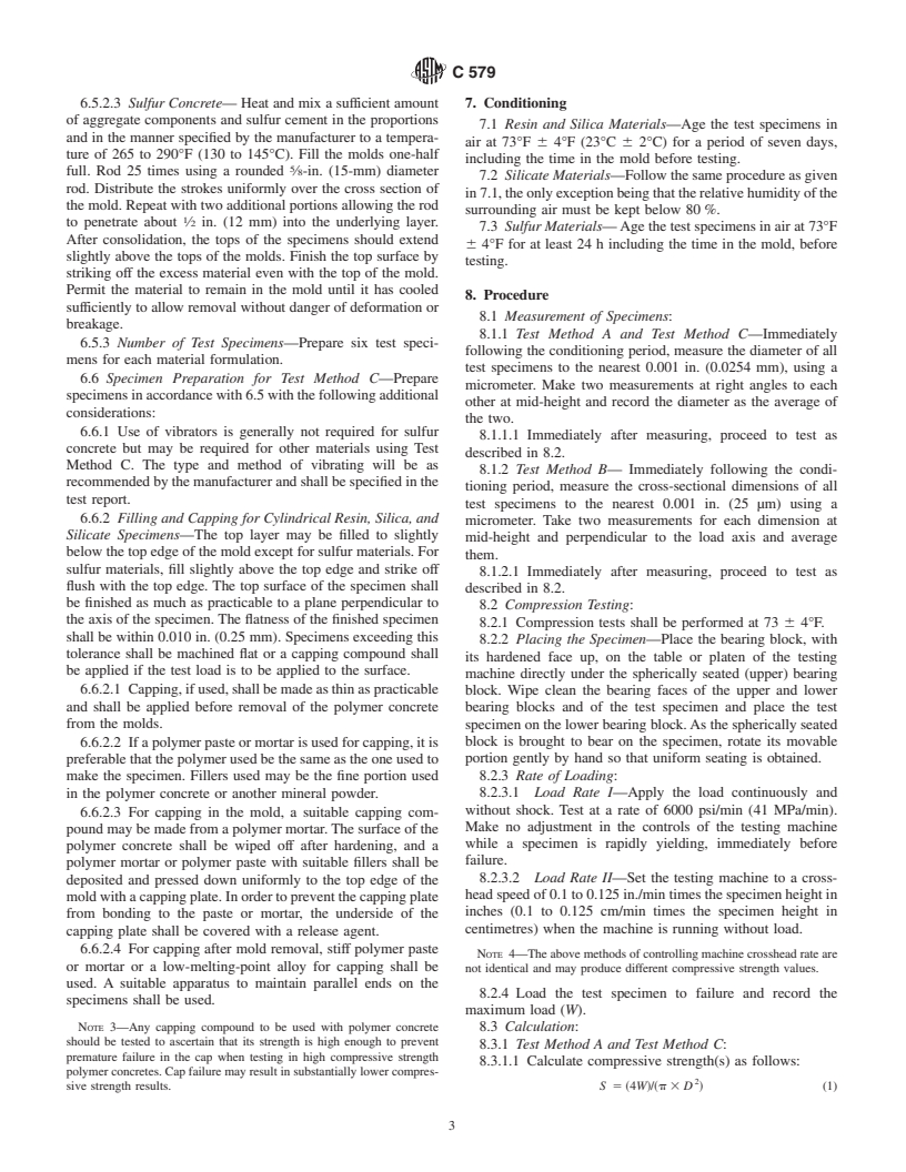 ASTM C579-01 - Standard Test Methods for Compressive Strength of Chemical-Resistant Mortars, Grouts, Monolithic Surfacings and Polymer Concretes