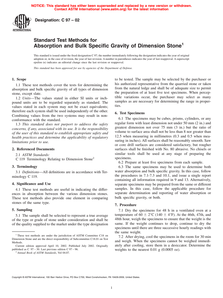 ASTM C97-02 - Standard Test Methods for Absorption and Bulk Specific Gravity of Dimension Stone