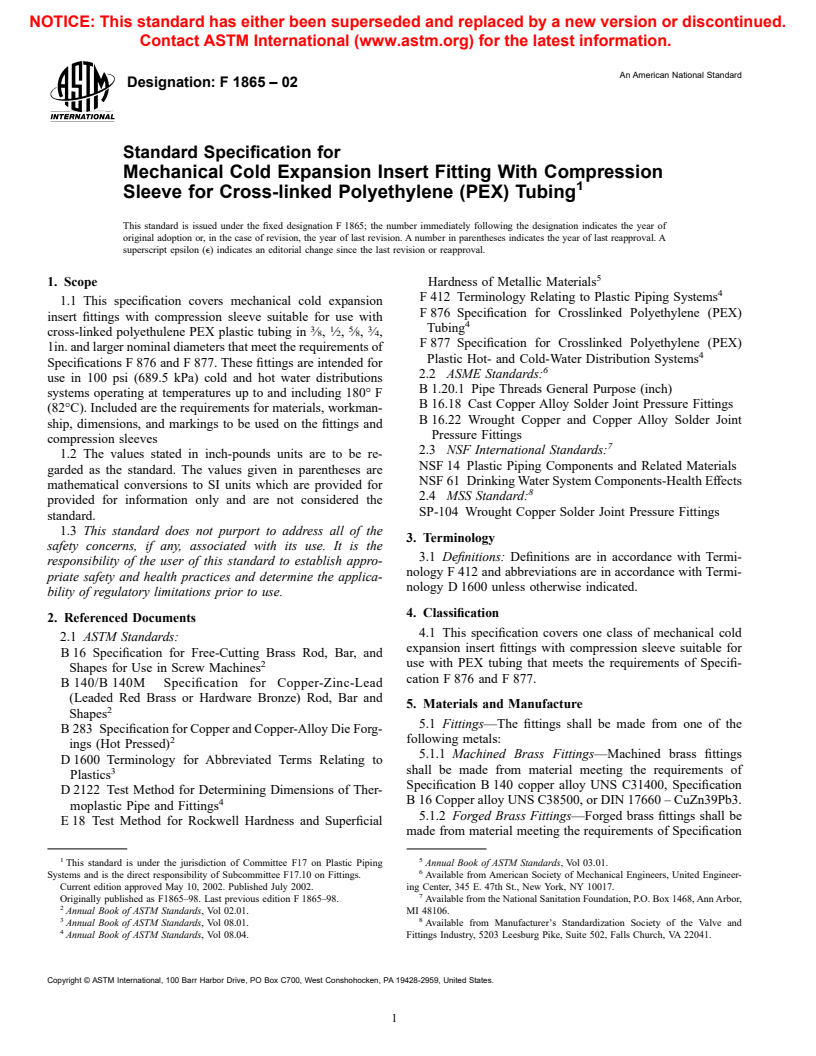 ASTM F1865-02 - Standard Specification for Mechanical Cold Expansion Insert Fitting With Compression Sleeve for Cross-linked Polyethylene (PEX) Tubing