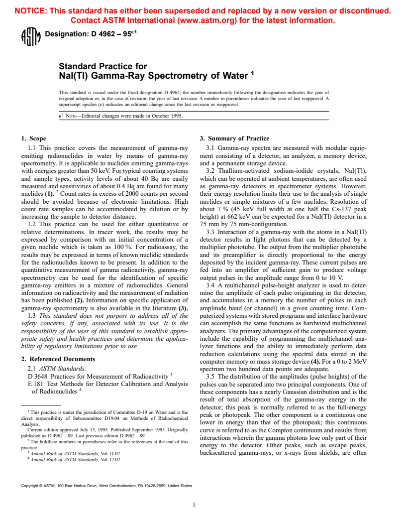 ASTM D4962-95e1 - Standard Practice for NaI(Tl) Gamma-Ray Spectrometry of Water