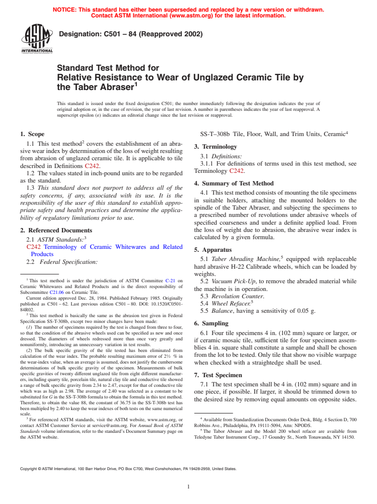 ASTM C501-84(2002) - Standard Test Method for Relative Resistance to Wear of Unglazed Ceramic Tile by the Taber Abraser