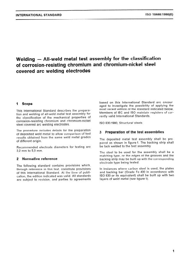 ISO 10446:1990 - Welding -- All-weld metal test assembly for the classification of corrosion-resisting chromium and chromium-nickel steel covered arc welding electrodes