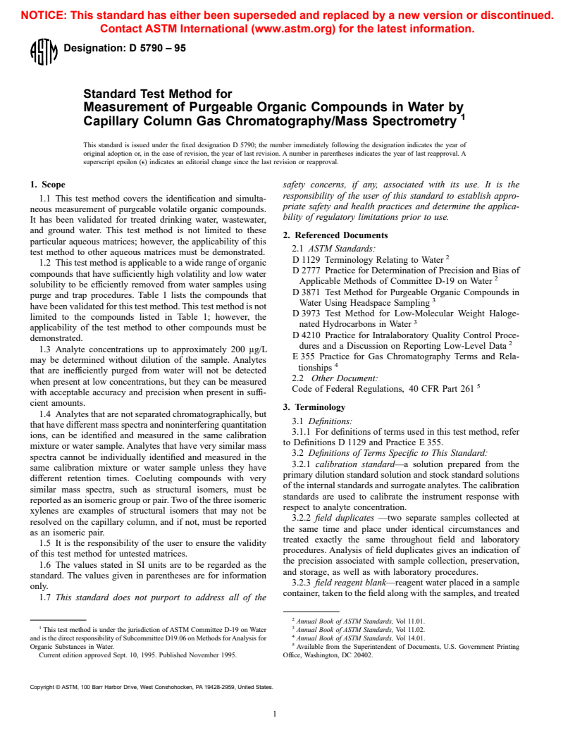 ASTM D5790-95 - Standard Test Method for Measurement of Purgeable Organic Compounds in Water by Capillary Column Gas Chromatography/Mass Spectrometry