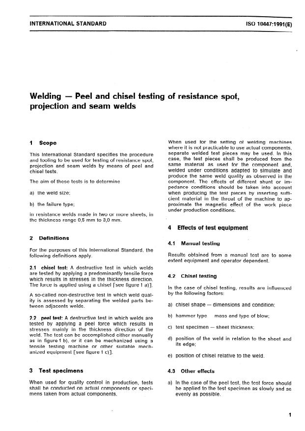ISO 10447:1991 - Welding -- Peel and chisel testing of resistance spot, projection and seam welds