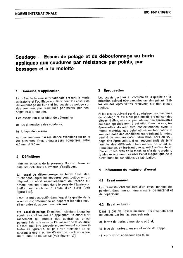 ISO 10447:1991 - Soudage -- Essais de pelage et de déboutonnage au burin appliqués aux soudures par résistance par points, par bossages et a la molette