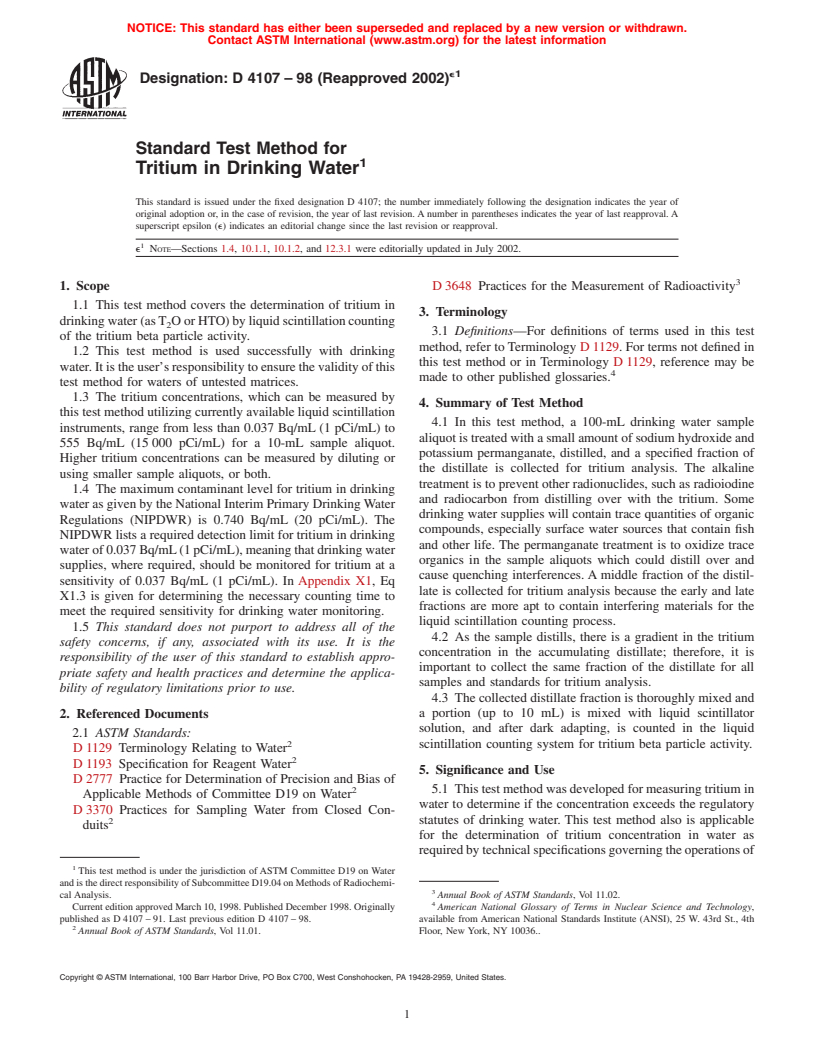 ASTM D4107-98(2002)e1 - Standard Test Method for Tritium in Drinking Water