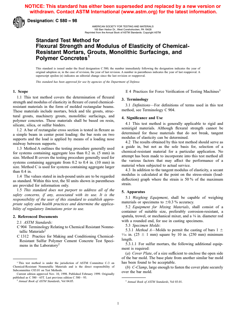 ASTM C580-98 - Standard Test Method for Flexural Strength and Modulus of Elasticity of Chemical-Resistant Mortars, Grouts, Monolithic Surfacings, and Polymer Concretes