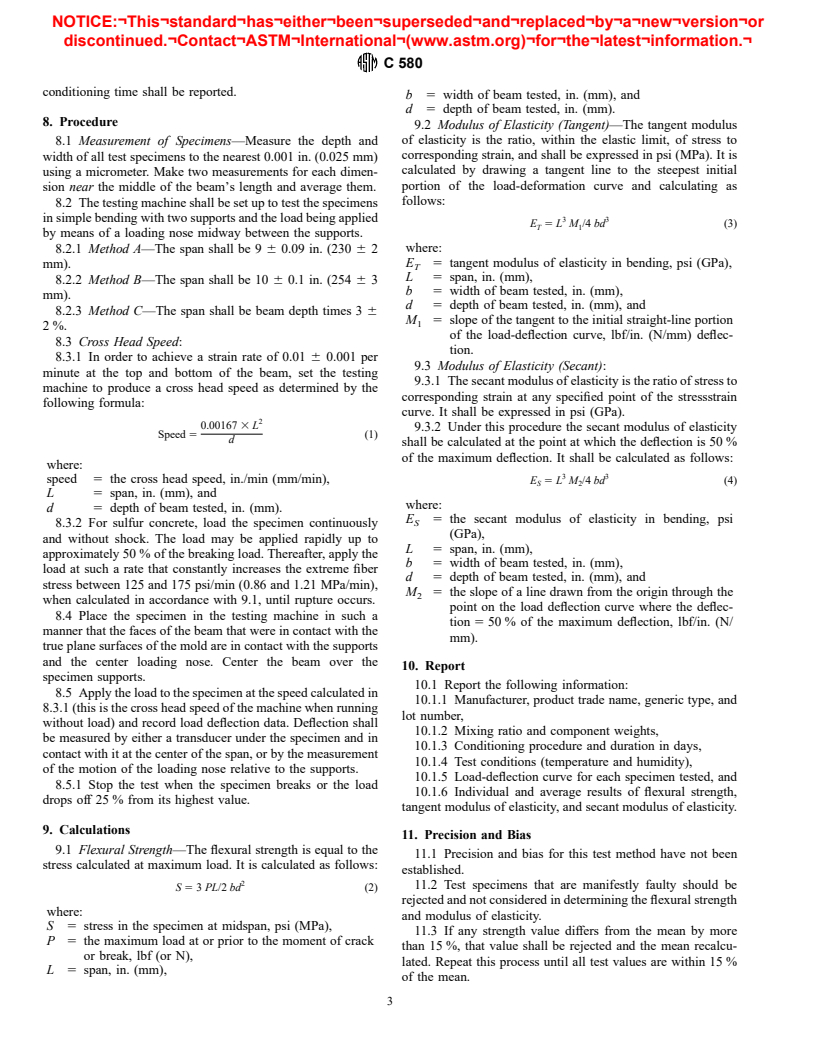 ASTM C580-98 - Standard Test Method for Flexural Strength and Modulus of Elasticity of Chemical-Resistant Mortars, Grouts, Monolithic Surfacings, and Polymer Concretes