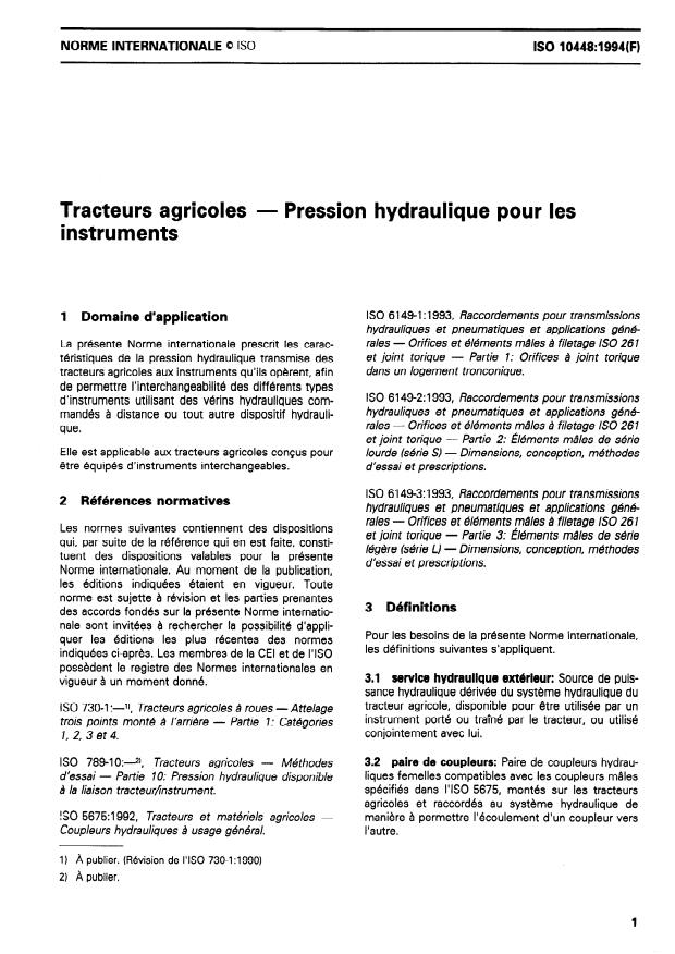 ISO 10448:1994 - Tracteurs agricoles -- Pression hydraulique pour les instruments