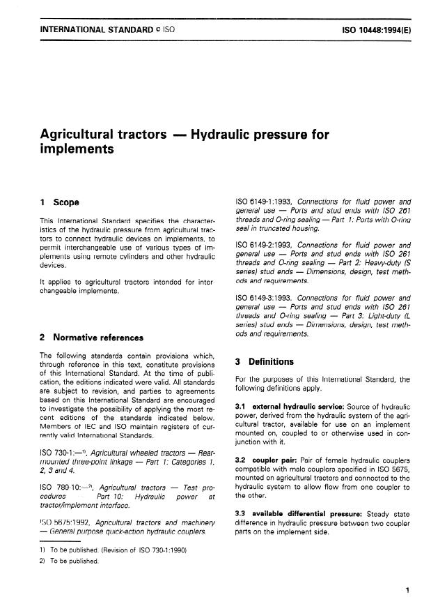 ISO 10448:1994 - Agricultural tractors -- Hydraulic pressure for implements