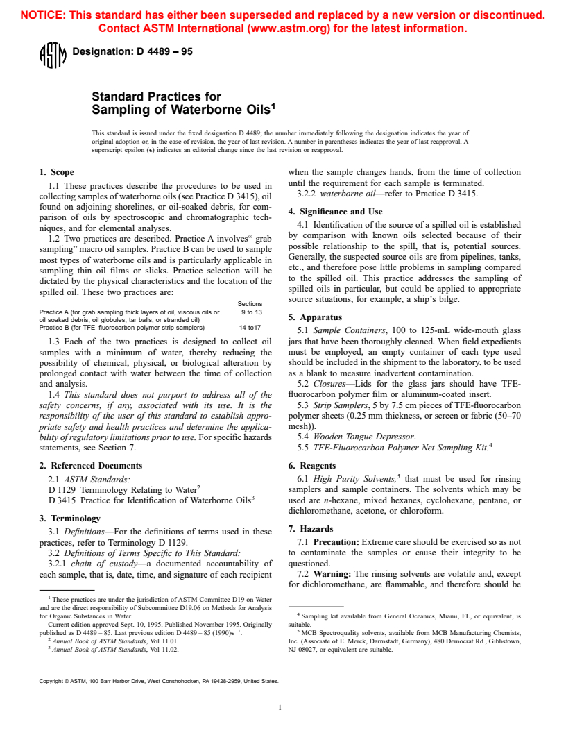 ASTM D4489-95 - Standard Practices for Sampling of Waterborne Oils