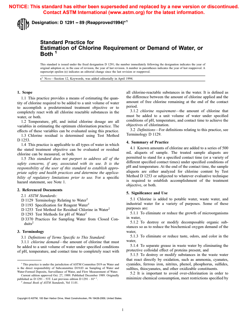 ASTM D1291-89(1994)e1 - Standard Practice for Estimation of Chlorine Requirement or Demand of Water, or Both