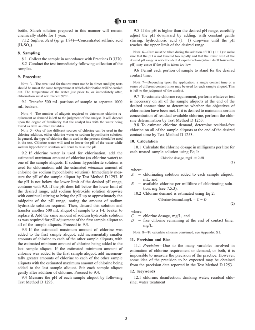 ASTM D1291-89(1994)e1 - Standard Practice for Estimation of Chlorine Requirement or Demand of Water, or Both