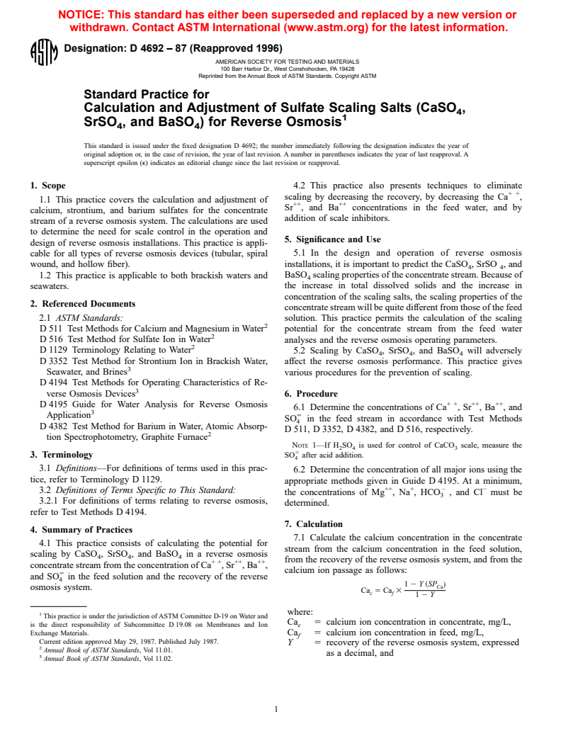 ASTM D4692-87(1996) - Standard Practice for Calculation and Adjustment of Sulfate Scaling Salts (CaSO<sub>4</sub>, SrSO<sub>4</sub>, and BaSO<sub>4</sub>) for Reverse Osmosis and Nanofiltration