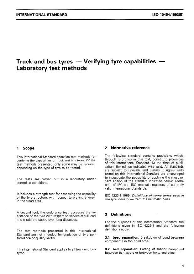 ISO 10454:1993 - Truck and bus tyres -- Verifying tyre capabilities -- Laboratory test methods
