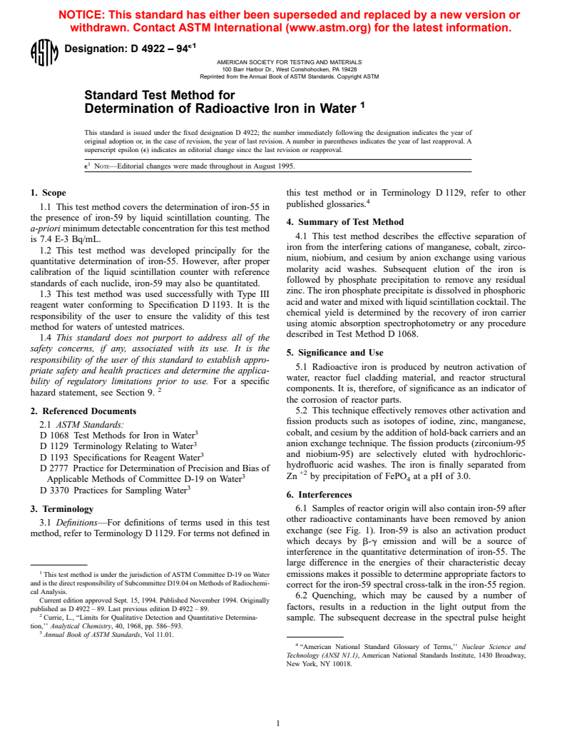 ASTM D4922-94e1 - Standard Test Method for Determination of Radioactive Iron in Water