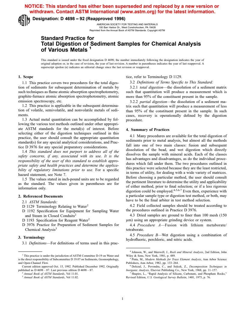 ASTM D4698-92(1996) - Standard Practice for Total Digestion of Sediment Samples for Chemical Analysis of Various Metals