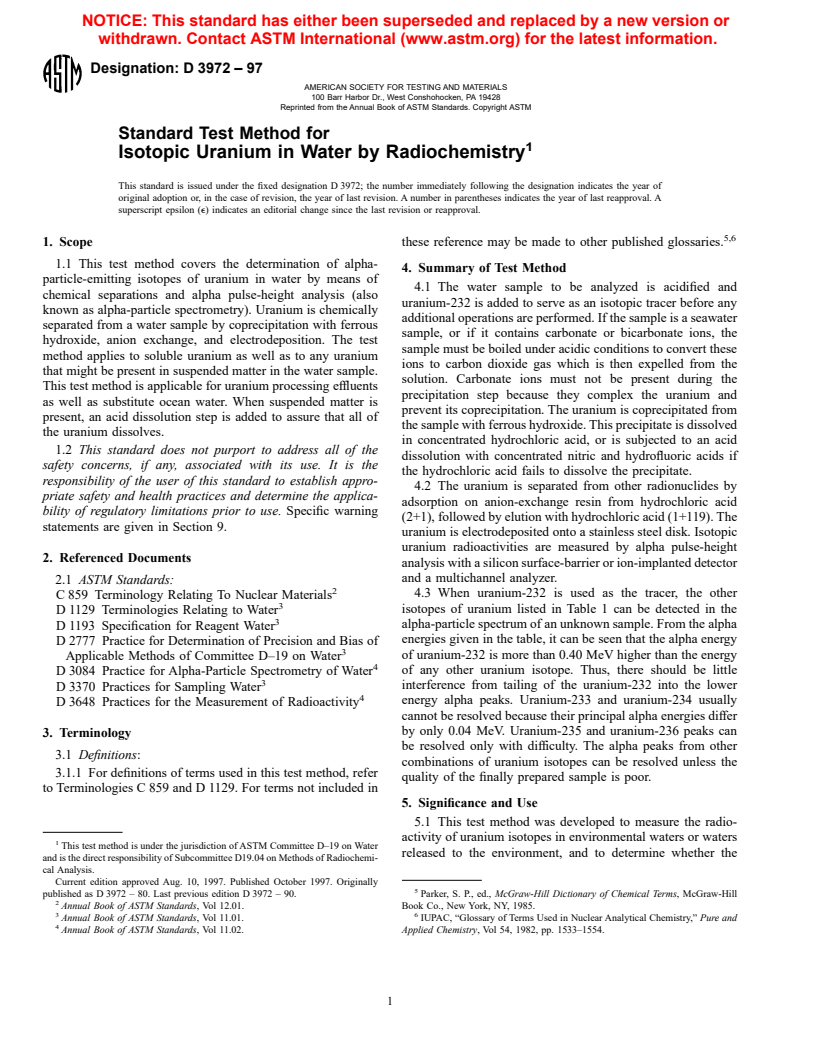 ASTM D3972-97 - Standard Test Method for Isotopic Uranium in Water by Radiochemistry