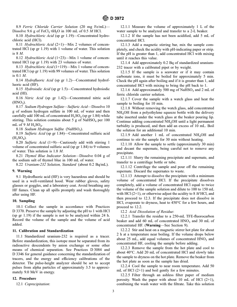 ASTM D3972-97 - Standard Test Method for Isotopic Uranium in Water by Radiochemistry