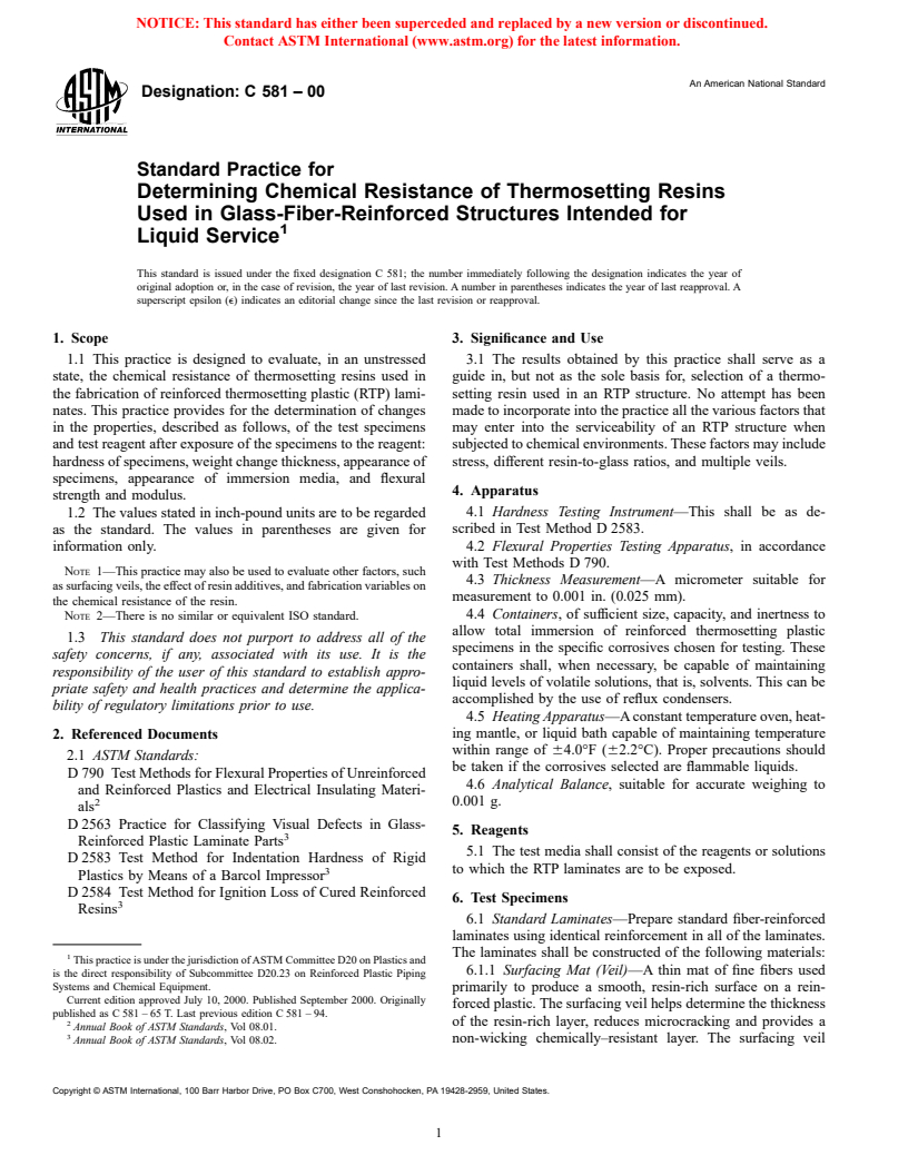 ASTM C581-00 - Standard Practice for Determining Chemical Resistance of Thermosetting Resins Used in Glass-Fiber-Reinforced Structures Intended for Liquid Service