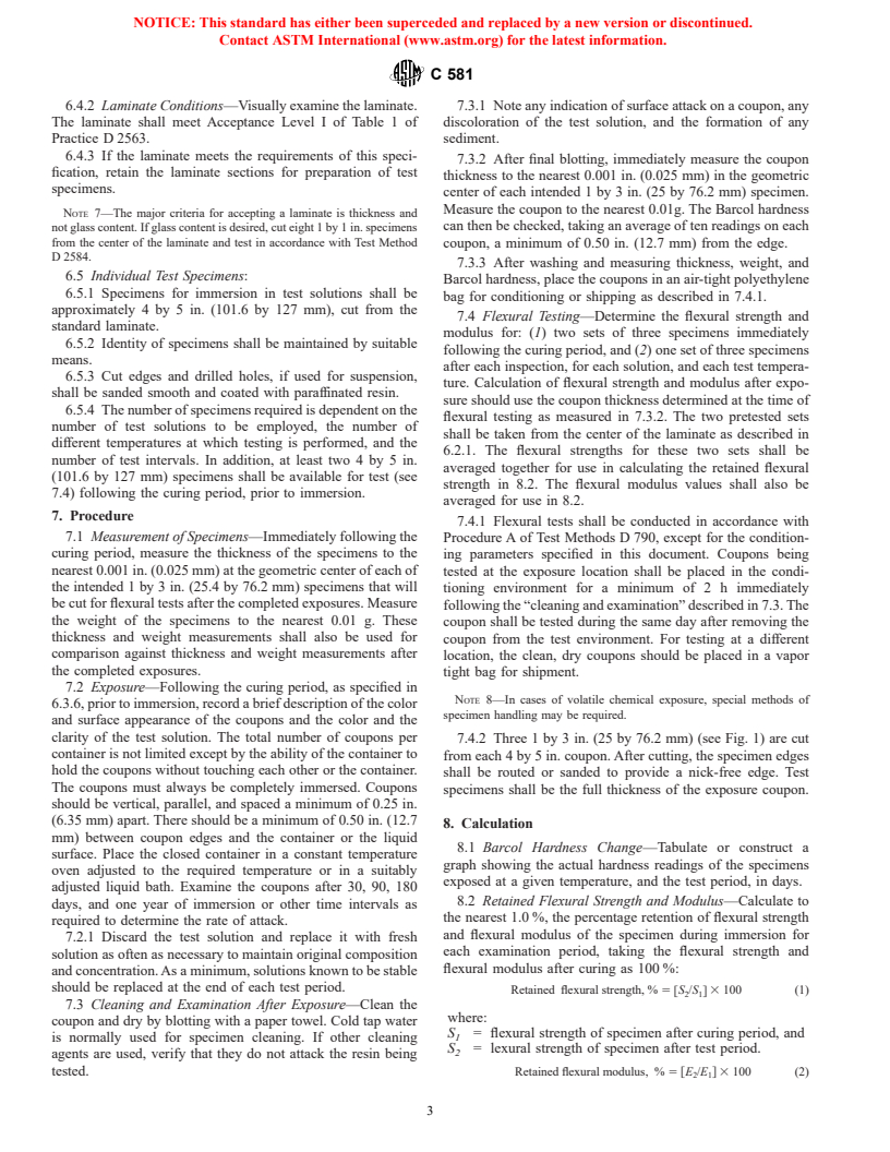 ASTM C581-00 - Standard Practice for Determining Chemical Resistance of Thermosetting Resins Used in Glass-Fiber-Reinforced Structures Intended for Liquid Service