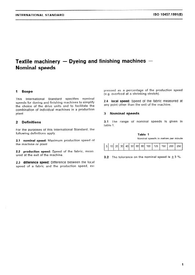 ISO 10457:1991 - Textile machinery -- Dyeing and finishing machines -- Nominal speeds