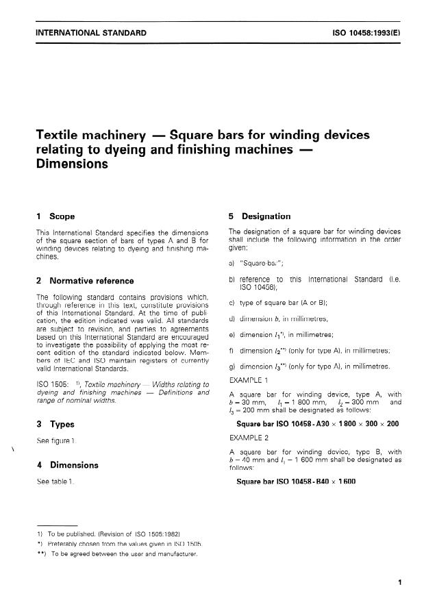 ISO 10458:1993 - Textile machinery -- Square bars for winding devices relating to dyeing and finishing machines -- Dimensions