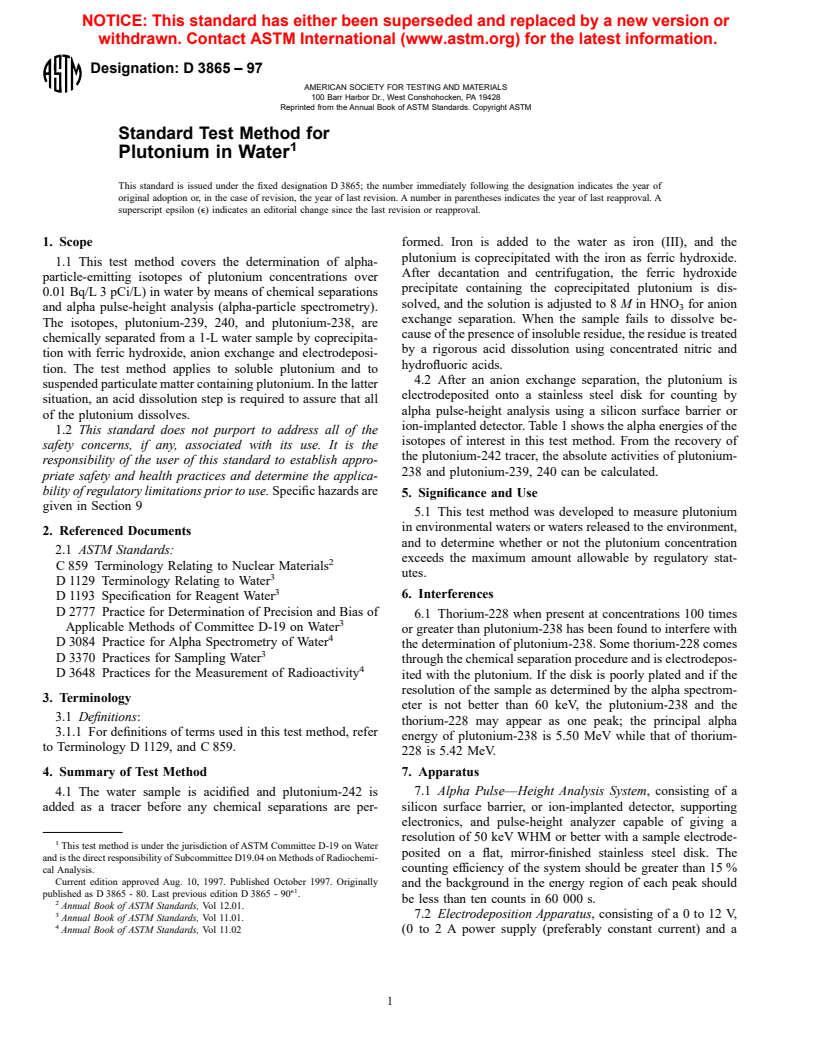 ASTM D3865-97 - Standard Test Method for Plutonium in Water