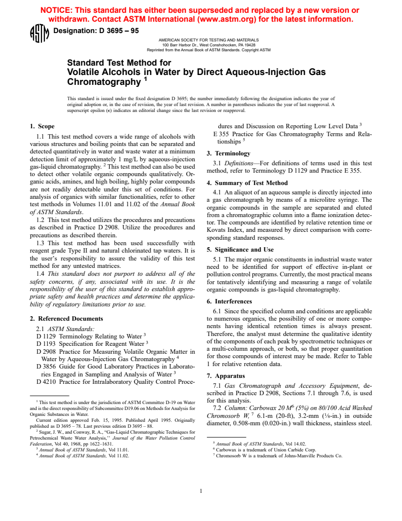 ASTM D3695-95 - Standard Test Method for Volatile Alcohols in Water by Direct Aqueous-Injection Gas Chromatography