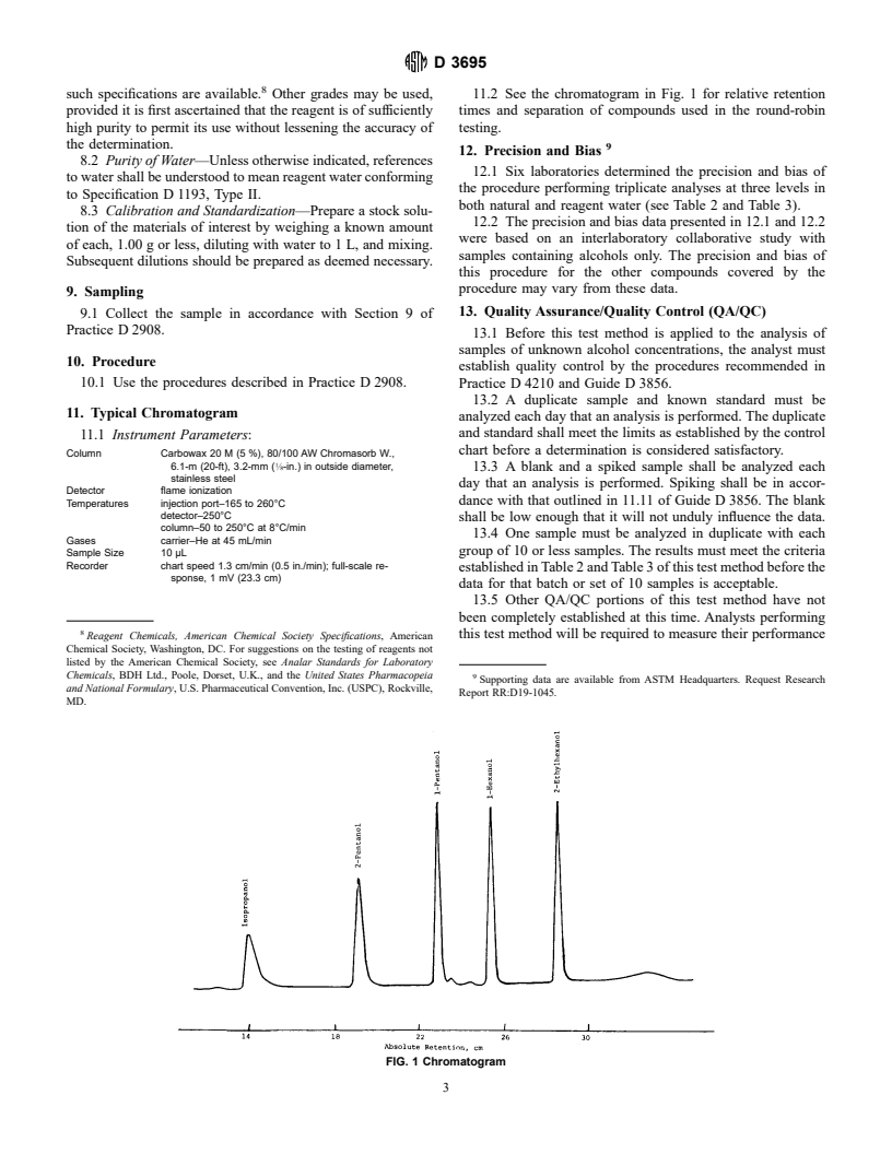 ASTM D3695-95 - Standard Test Method for Volatile Alcohols in Water by Direct Aqueous-Injection Gas Chromatography