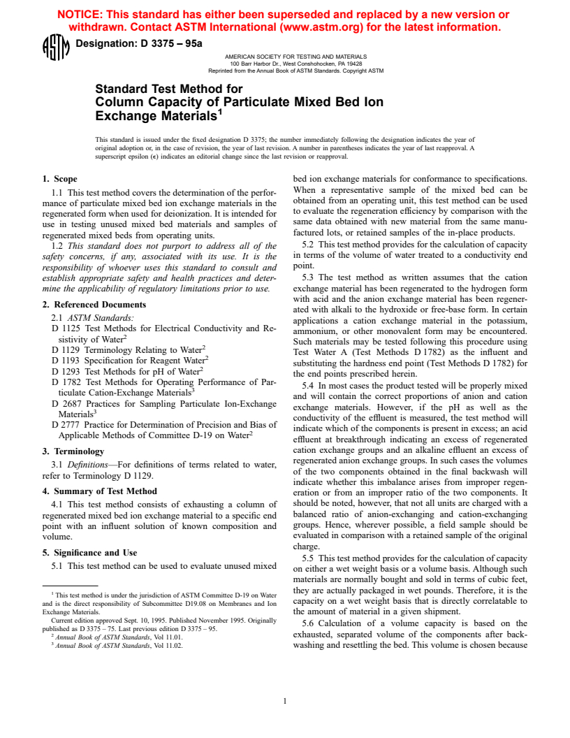 ASTM D3375-95a - Standard Test Method for Column Capacity of Particulate Mixed Bed Ion Exchange Materials