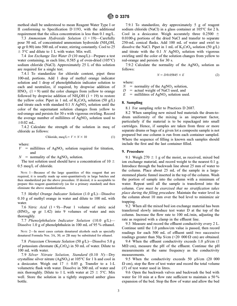 ASTM D3375-95a - Standard Test Method for Column Capacity of Particulate Mixed Bed Ion Exchange Materials