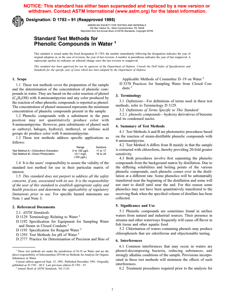 ASTM D1783-91(1995) - Standard Test Methods for Phenolic Compounds in Water