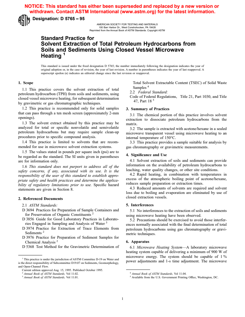 ASTM D5765-95 - Standard Practice for Solvent Extraction of Total Petroleum Hydrocarbons from Soils and Sediments Using Closed Vessel Microwave Heating