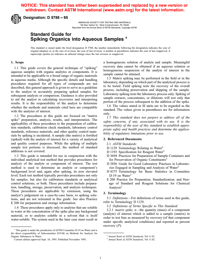 ASTM D5788-95 - Standard Guide for Spiking Organics into Aqueous Samples