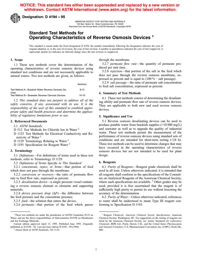 ASTM D4194-95 - Standard Test Methods for Operating Characteristics of Reverse Osmosis Devices