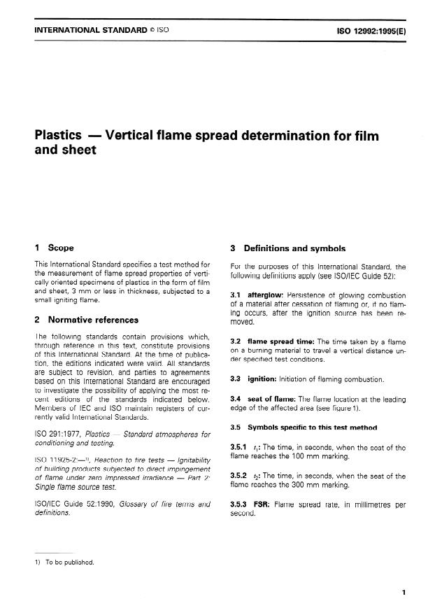 ISO 12992:1995 - Plastics -- Vertical flame spread determination for film and sheet
