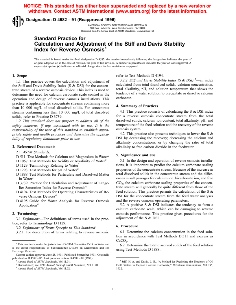 ASTM D4582-91(1996) - Standard Practice for Calculation and Adjustment of the Stiff and Davis Stability Index for Reverse Osmosis