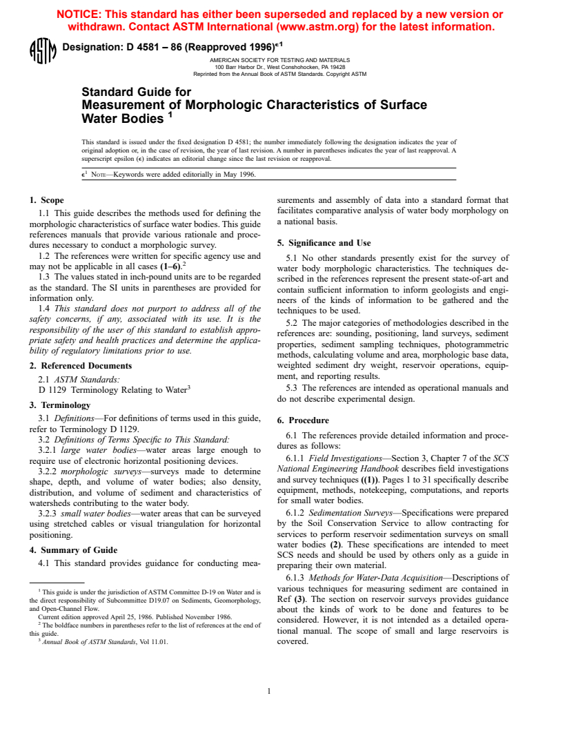 ASTM D4581-86(1996)e1 - Standard Guide for Measurement of Morphologic Characteristics of Surface Water Bodies