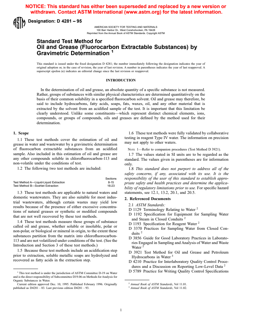 ASTM D4281-95 - Standard Test Method for Oil and Grease (Fluorocarbon Extractable Substances) by Gravimetric Determination