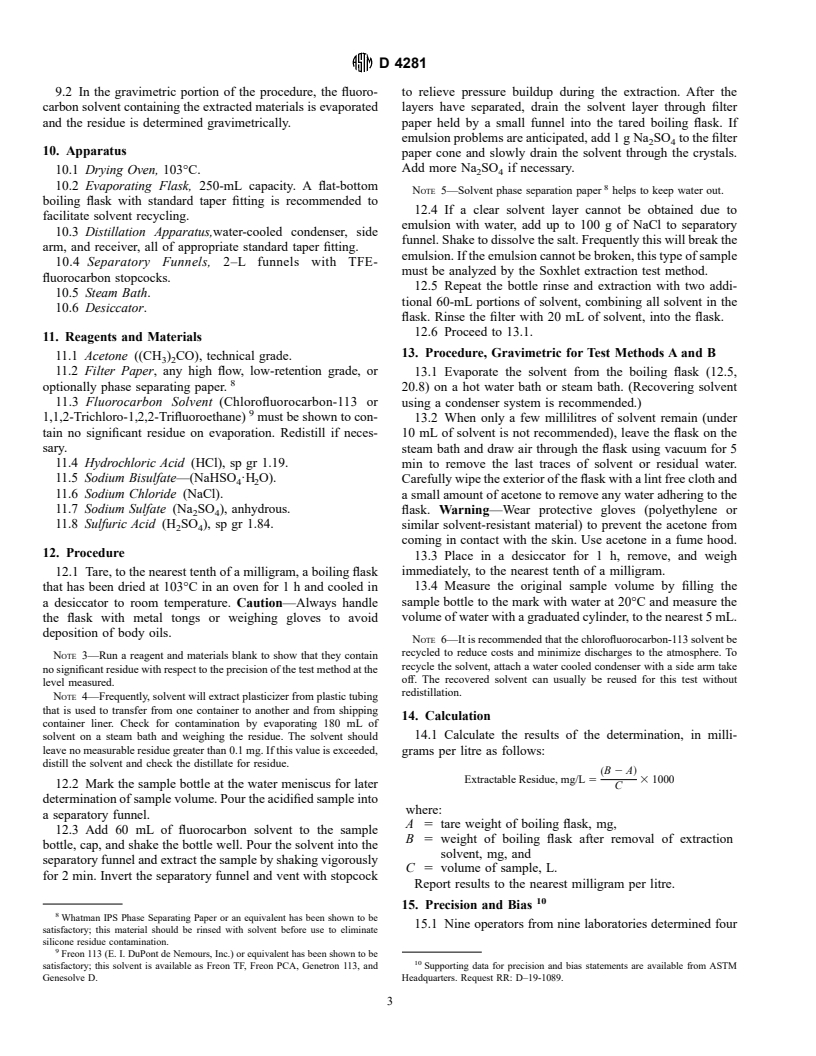 ASTM D4281-95 - Standard Test Method for Oil and Grease (Fluorocarbon Extractable Substances) by Gravimetric Determination