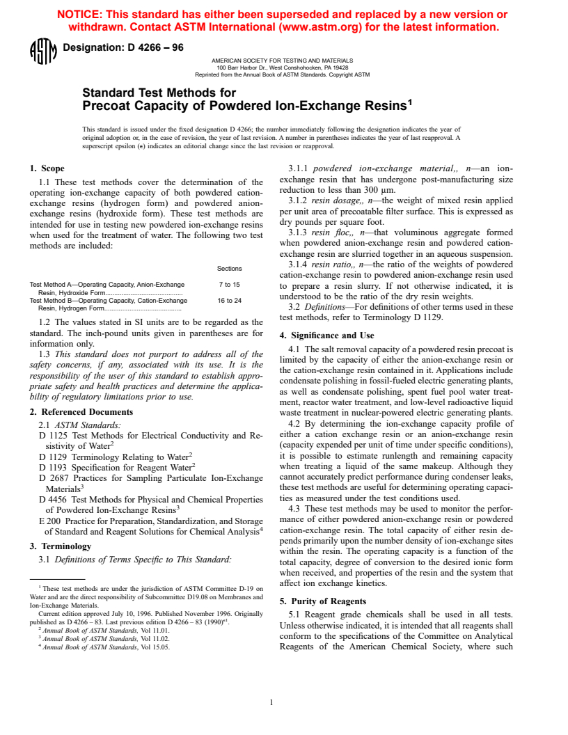 ASTM D4266-96 - Standard Test Methods for Precoat Capacity of Powdered Ion-Exchange Resins