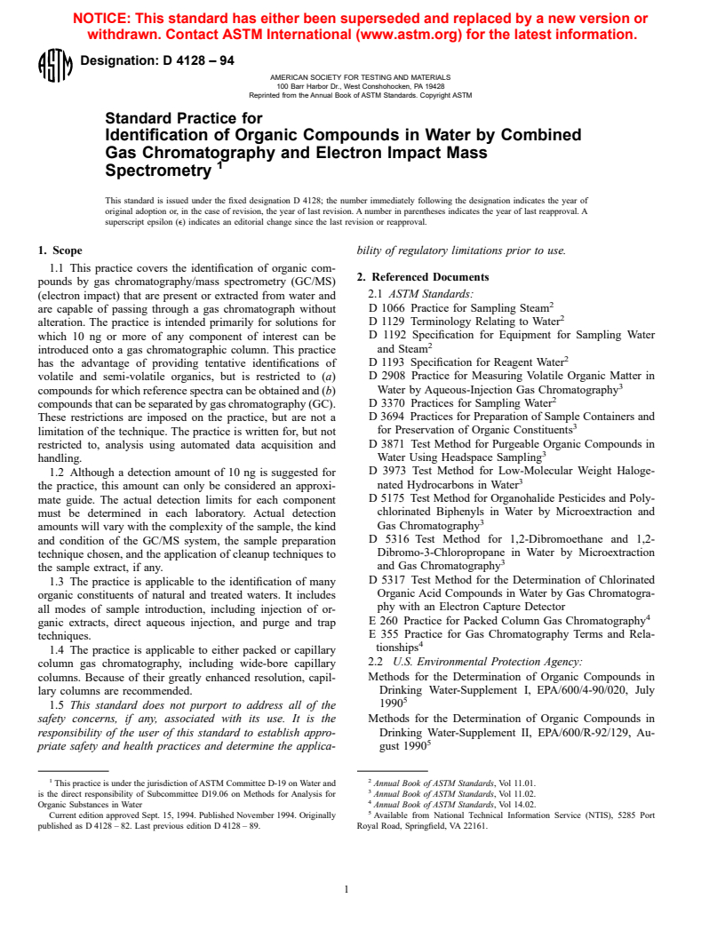 ASTM D4128-94 - Standard Practice for Identification and Quantitation of Organic Compounds in Water by Combined Gas Chromatography and Electron Impact Mass Spectrometry